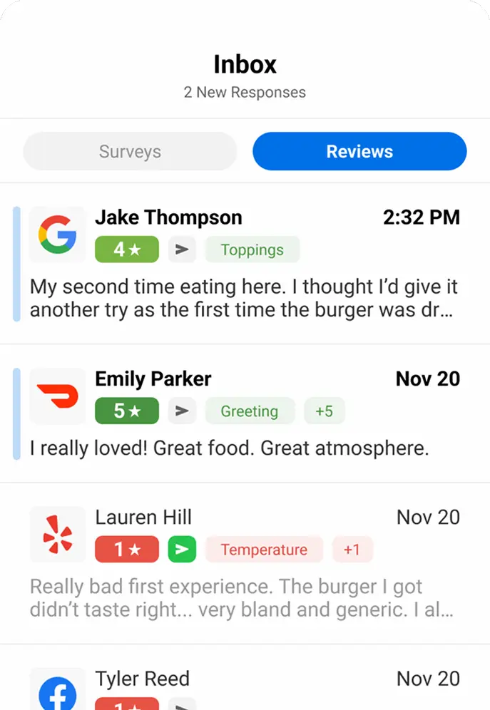Inbox view with Reviews selected