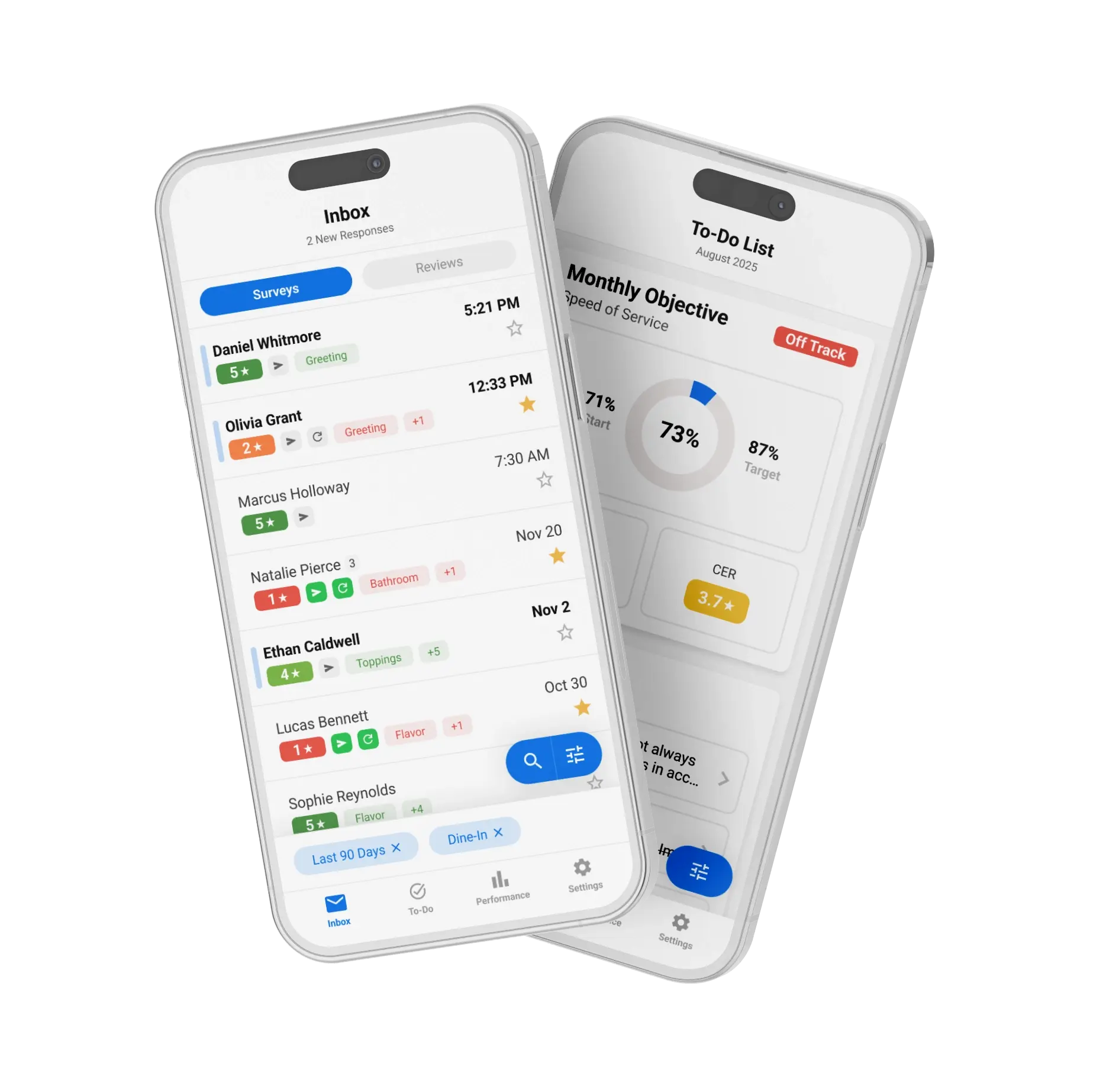 Tattle mobile app showing inbox and to-do list views for restaurant operators